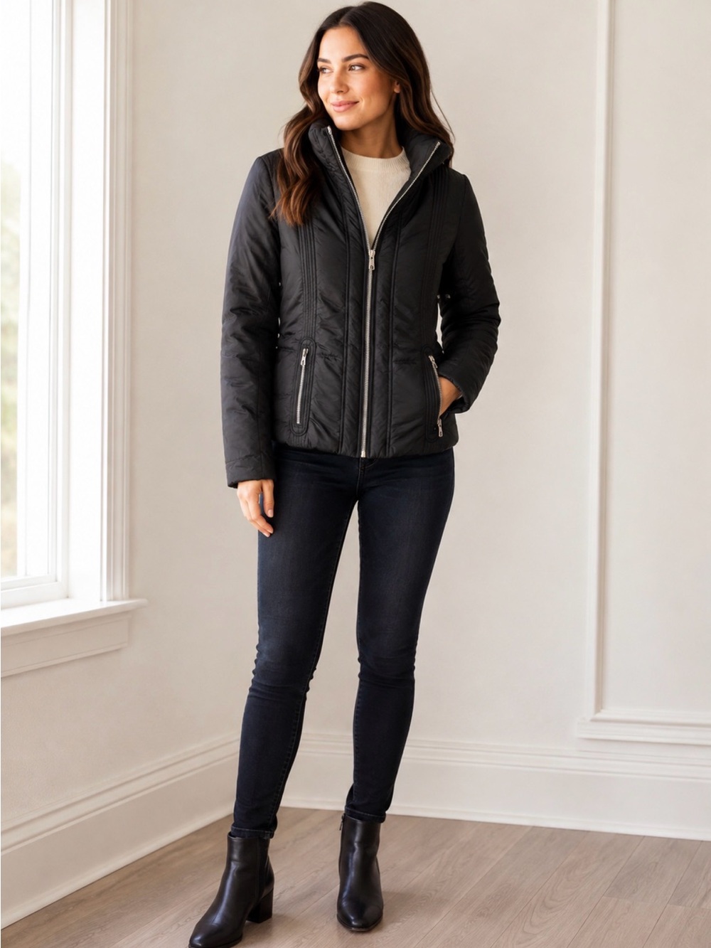 Apt. 9 Black Down Puffer Jacket Women’s Small Zip Up Fitted
